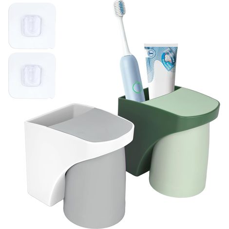 2er-Pack Zahnbürstenbecherhalter zur Wandmontage, kein Bohren erforderlich, mit magnetischem Becherhalter zum Aufkleben, Kunststoff, für die ganze Familie (1/5)
