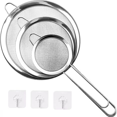 (3-teilig) Edelstahl-Sieb, Küchensieb mit Griff, feinmaschiges Metallsieb, Filter für Gebäck, Nudeln, Pulver, Backwaren, Quinoa (1/5)