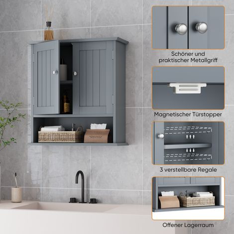 Meuble salle de bain mural 2 portes avec étagères ouvertes, rangement toilette armoire pharmacie, étagère murale blanche, 3 niveaux, bois robuste, 60x70x15 cm (1/5)