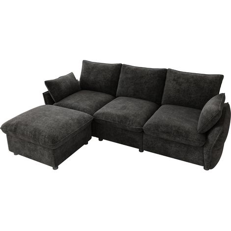 Divano angolare moderno in ciniglia grigio scuro con ottomana e 1 pouf, 3 posti (1/5)