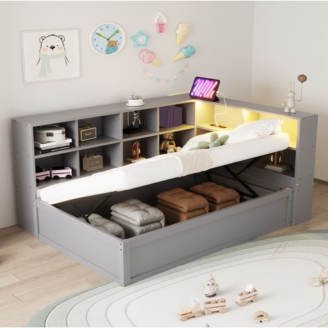 Bett Schlafbett mit Stauraum 90x200 Holz Grau OKMYHOME (1/5)