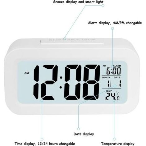 Digitaler Wecker, batteriebetriebener Digitalwecker, lautloser Wecker für Kinder und Erwachsene, großes LED-Display, Temperaturkalender (weiß) (1/5)