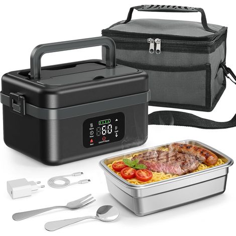 Gamelle chauffante,1L Lunch Box Chauffante avec Vaisselle en Acier Inoxydable, électrique à Chauffage Rapide avec écran Tactile Sac Isotherme pour Voiture Bureau（Noir et gris） (1/5)