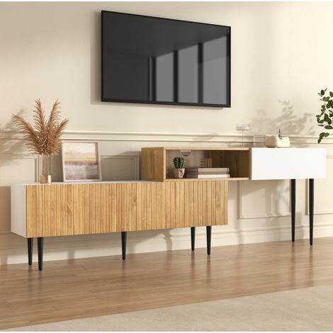 MEUBLIV Meuble TV modulable 220x30x63,5 cm bois et blanc – rangement avec passe-câbles (1/5)