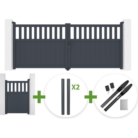 Portail battant SANTIS 3.4m H.140cm aluminium gris + 4 poteaux ELDA + Portillon 1m SANTIS H.140cm aluminium gris + motorisation Hicker B200 (1/5)