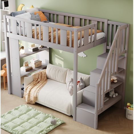 Cama alta 90x200 cm gris en madera de pino con escalera y almacenaje (1/5)
