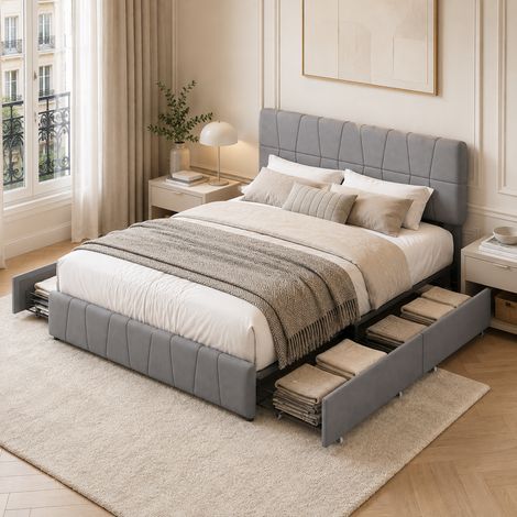 Lit Double 160x200 cm avec 4 Tiroirs, Tête de Lit Capitonné, Lit Adulte avec Sommier à Lattes, Velours Gris (1/5)