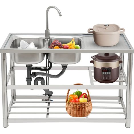 Fregadero de cocina, acero inoxidable, doble cubeta, plateado (1/2)