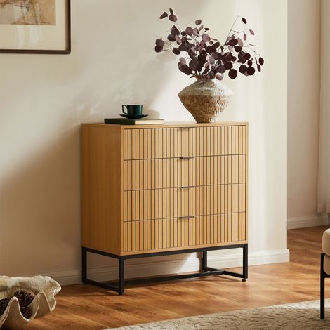 Commode 4 tiroirs 80x40x85 cm naturel effet cannelé - RIMA