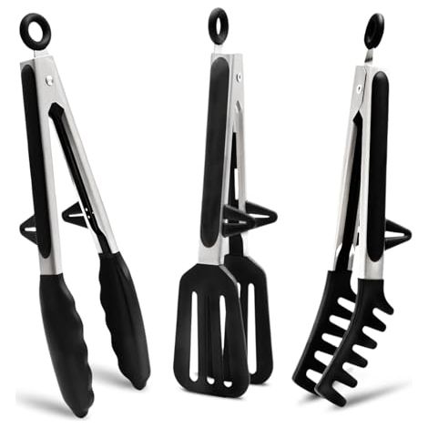 Pinzas de cocina de acero inoxidable de 26 cm, 3 unidades, para alimentos, espaguetis, barbacoa, silicona, para barbacoa, ensalada y cocina (negras) (1/5)