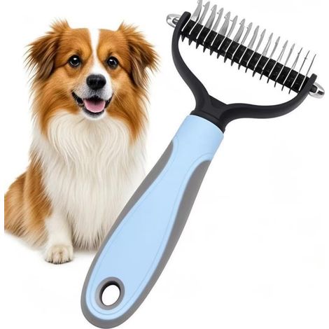 Brosse de toilettage 2-en-1 pour chiens et chats – Brosse-peigne pour l'élimination des poils – 17 dents – Bleu (1/5)