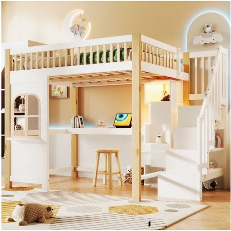 Lit mezzanine 140x200cm avec bureau et étagères – Échelle de rangement – LED intégrée – Design scandinave en bois de pin blanc