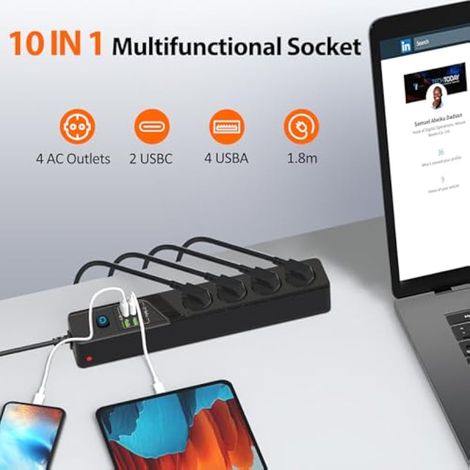 Multiprise avec USB, 4 Prises Rallonge Electrique Multiprise Plate Murale avec Interrupteur, 3000W/10A Bloc Prise Multiple avec Surtension et Cable 1.8m pour Bureau Maison Cuisine, Noir (1/4)