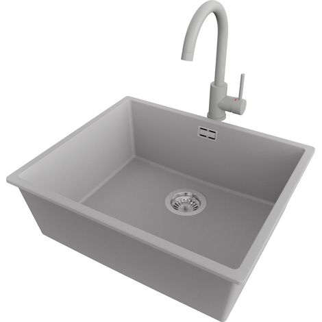 PRIMAGRAN Evier Cuisine en Granit 56x47cm,Lavabo 1 bac + Robinet 32x20cm + Kit de Vidage, Évier à Encastrer au meuble 60cm - London Slim, Gris (1/5)