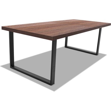 Tavolo da pranzo 220x100cm in legno e metallo con piedi squadrati e ripiano in colore legno teak