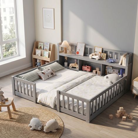 Montessori Bodenbett 140x200 cm mit Bücherregal und Sicherheitsgitter, Familienbett aus Holz, Grau
