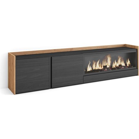 Skraut Home - Mueble TV, Televisión, Muebles de salón, almacenaje, 212x35x50cm, Para TV hasta 80", Chimenea eléctrica XXL, Estilo Moderno, Negro y roble (1/5)