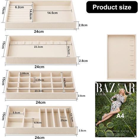 4 x Plateau Bijoux en Velours 2415cm Organisateur de Bijoux Tiroir Femme Rangement Bijoux Tiroir Organiseur, Rangement Collier Boîtes à Bijoux présentoirs pour Boucles D'oreilles Chaîne Beige