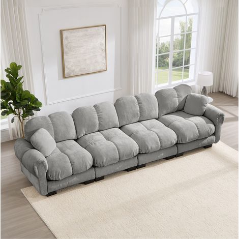 Divano modulare 330x86x90 cm, seduta trapuntata, cuscini spessi, schienale e braccioli curvi, Chenille, grigio chiaro (1/5)