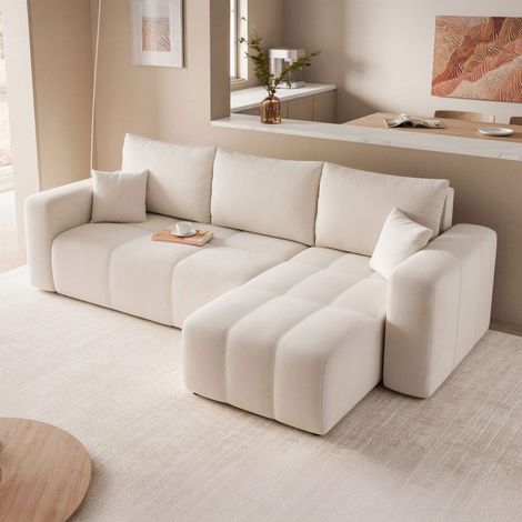 Ecksofa Schlafsofa Sofa LEROS in Stoff Manila Creme Ottomane Rechts