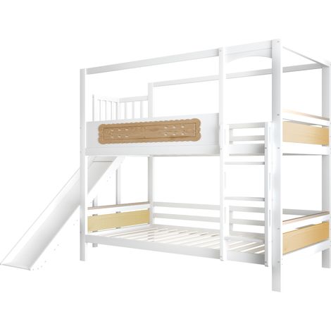 Letto a castello per bambini 90 x 200 cm in legno bianco e naturale con scivolo e ampia scala (1/5)