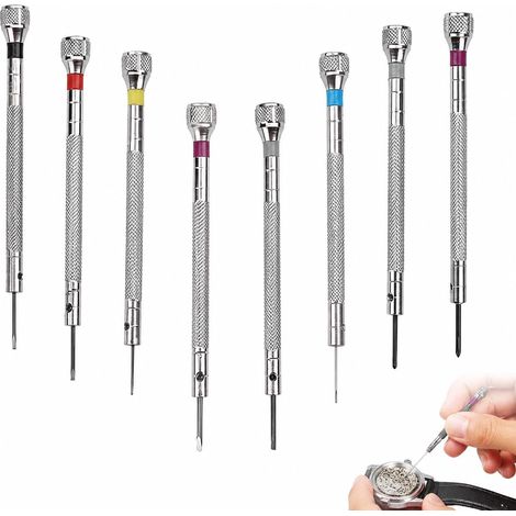 Kit de Tournevis de Précision Horlogerie 8 Pièces, Tournevis Montre et Lunettes à Code Couleur, Acier à Outils Argenté, Plat et Cruciforme pour Réparations Fines (1/5)