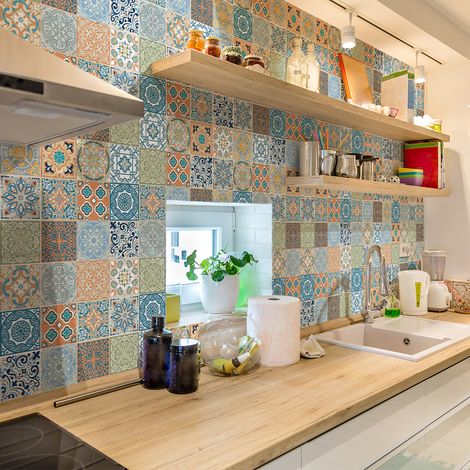 Sticker Mural Carrelage adhésif Cuisine Salle de Bain - 60 STICKERS CARREAUX DE CIMENT AZULEJOS DONITONIO - 60stickers10x10cm (1/5)