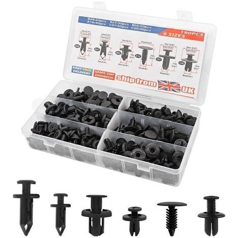 Kit di 190 clip di fissaggio per auto, rivetti in plastica nera, clip protettive per pannelli delle portiere e paraurti, compatibili con la maggior parte dei veicoli. (1/4)