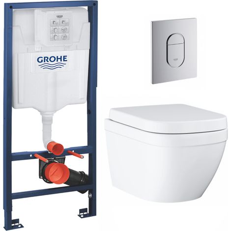 Grohe Rapid Sl Vorwandelement + Arena Chromplatte + Grohe Euro Ceramic Compact Toilettenschüssel + Softclose-Deckel