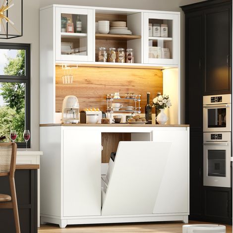 REDOM - Aparador de cocina 120x40x180 cm, múltiples compartimentos, iluminación LED, puertas de acrílico, MDF y metal, blanco (1/5)