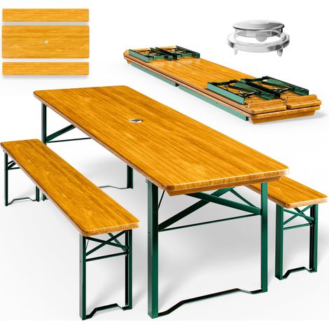 Ensemble table et 2 bancs sapin pliables pour 8 personnes avec support parasol (1/5)