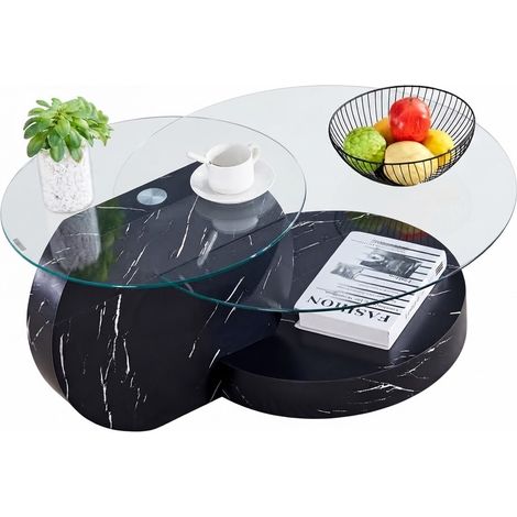 ELVMI Tavolino da salotto con 2 ripiani in vetro temperato e piano portaoggetti multilivello, design minimalista, MDF, Nero e Trasparente (1/5)