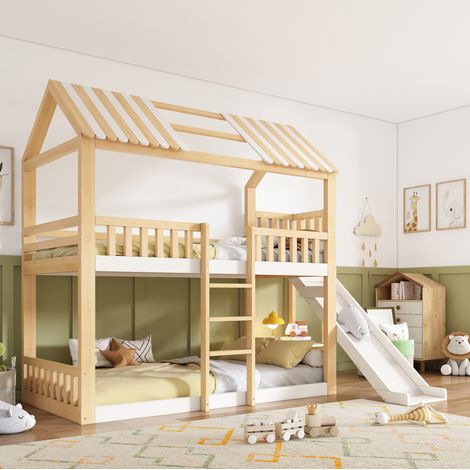 Letto a castello bianco e in legno naturale 90x200 cm con tetto a cabina, mensola, scivolo e basi letto inclusi. (1/5)