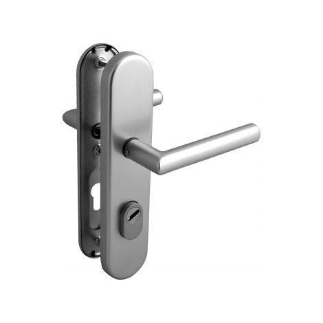Ouvre&Déco – 2 poignées de porte ALBA sécurité cylindre, béquille double avec protège cylindre, aluminium inox entraxe 210 mm
