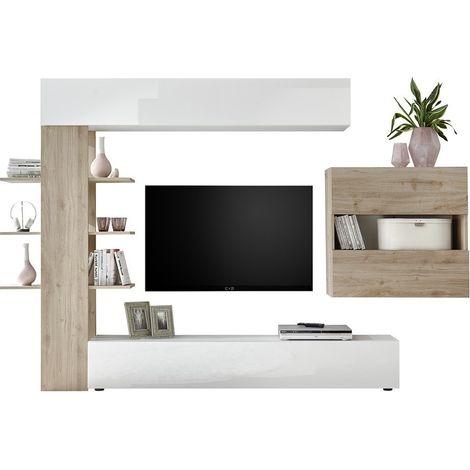 Conjunto de muebles para sala con almacenamiento, colección VASCO, blanco lacado/roble claro