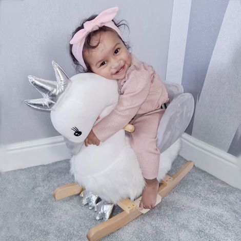 Cygne en peluche à bascule pour bébé de 18 à 36 mois, avec sons et ceinture de sécurité, 60 x 33 x 59 cm, gris et blanc (1/5)