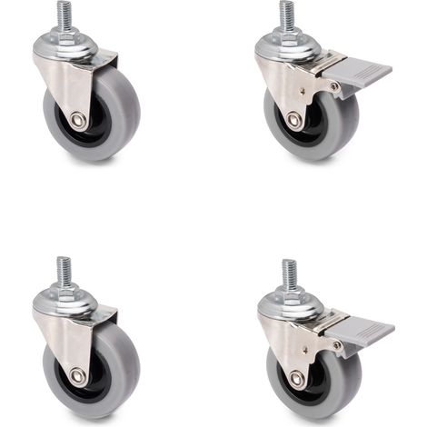 Emuca – Lot de 4 roulettes Slip 50mm – 2 roulettes avec frein, 2 sans frein – Acier et plastique – Capacité 30kg par roulette
