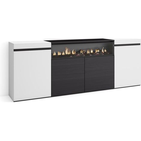Skraut Home Credenza, Mobile, Cucina Madia, mobile ingresso 200x75x35cm 4 Porte Camino elettrico Stile moderno Bianco e nero (1/5)