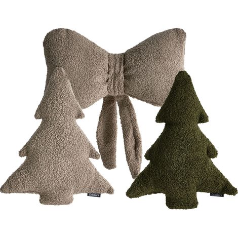 Set di 3 cuscini decorativi in tessuto bouclé con motivo natalizio, color tortora e verde scuro Winterland