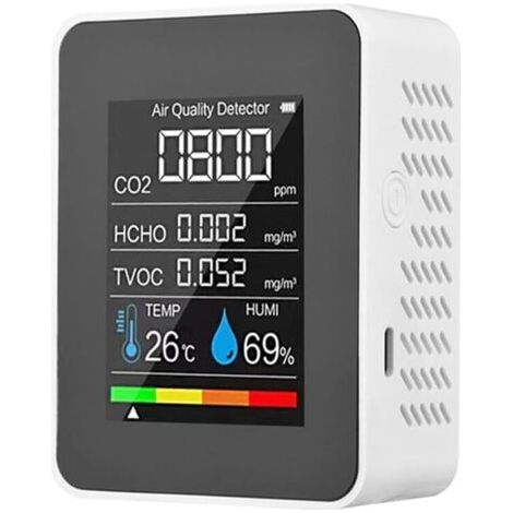 Moniteur de qualité de l'air intérieur 5 en 1 pour la maison et le bureau, moniteur de température et d'humidité, blanc (1/5)