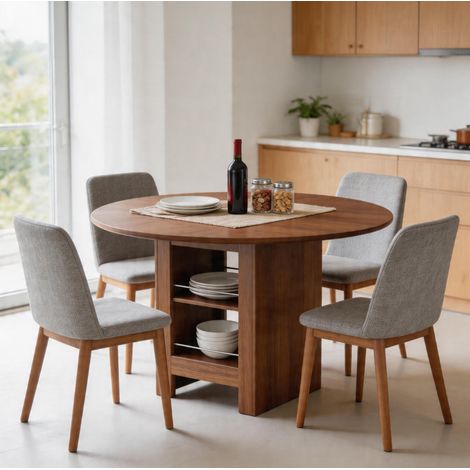 Tavolo da pranzo rotondo 100 cm con vani aperti, finitura noce, MDF, 4-6 persone DESVIAE (1/5)
