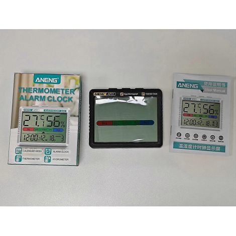 Multifunktions-Thermometer mit Hygrometer, Temperatur- und Feuchtigkeitsmesser, Wecker, Kalenderfunktion und Wochentagsfunktion