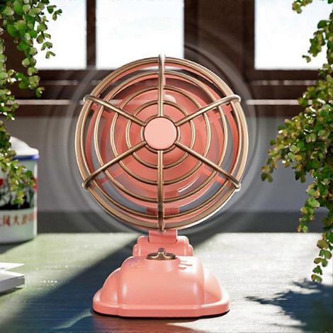 Mini-Retro-Tischventilator 400mAh, USB-aufladbar, tragbar für den Außeneinsatz, rosa, leise Flügel, für Zuhause und unterwegs. (1/5)
