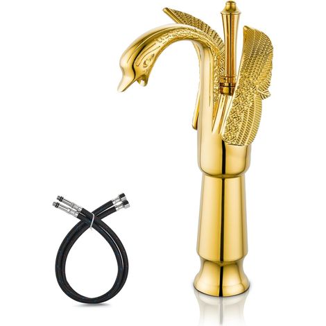Chrome polished swan-shaped bathroom sink faucet, single handle, high-mount basin mixer tap, gold