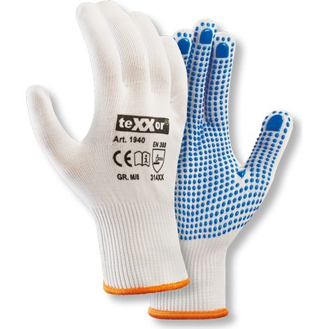 teXXor® Feinstrick-Handschuhe NYLON, Weiß/blaue Noppen (1/4)