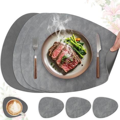 Set de table lavable antidérapant, lot de 4 ovales 41x33cm en cuir PU double face gris. (1/5)