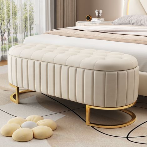 Pouf coffre de rangement et repose-pieds 120 x 40 cm, banquette rembourrée avec espace de stockage, banc canapé en velours beige (1/5)