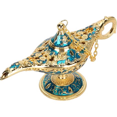 Brûleur d'encens creux en forme de lampe, objet de décoration artisanale en métal bleu (1/5)