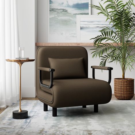 Fabulcozy 4-in-1 Schlafsofa, Sesselbett mit Leinenbezug, Kissen und Metallarmlehnen, Braun, 60 x 68 x 85 cm (L x B x H)
