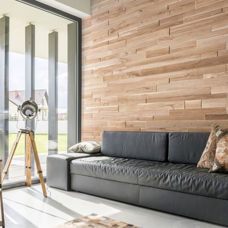 Panneau décoratif mural en chêne massif structuré – Lot de 18 panneaux – Largeur 60/80/100 mm – Longueur 320/590/1880 mm – Wooden Wall Design